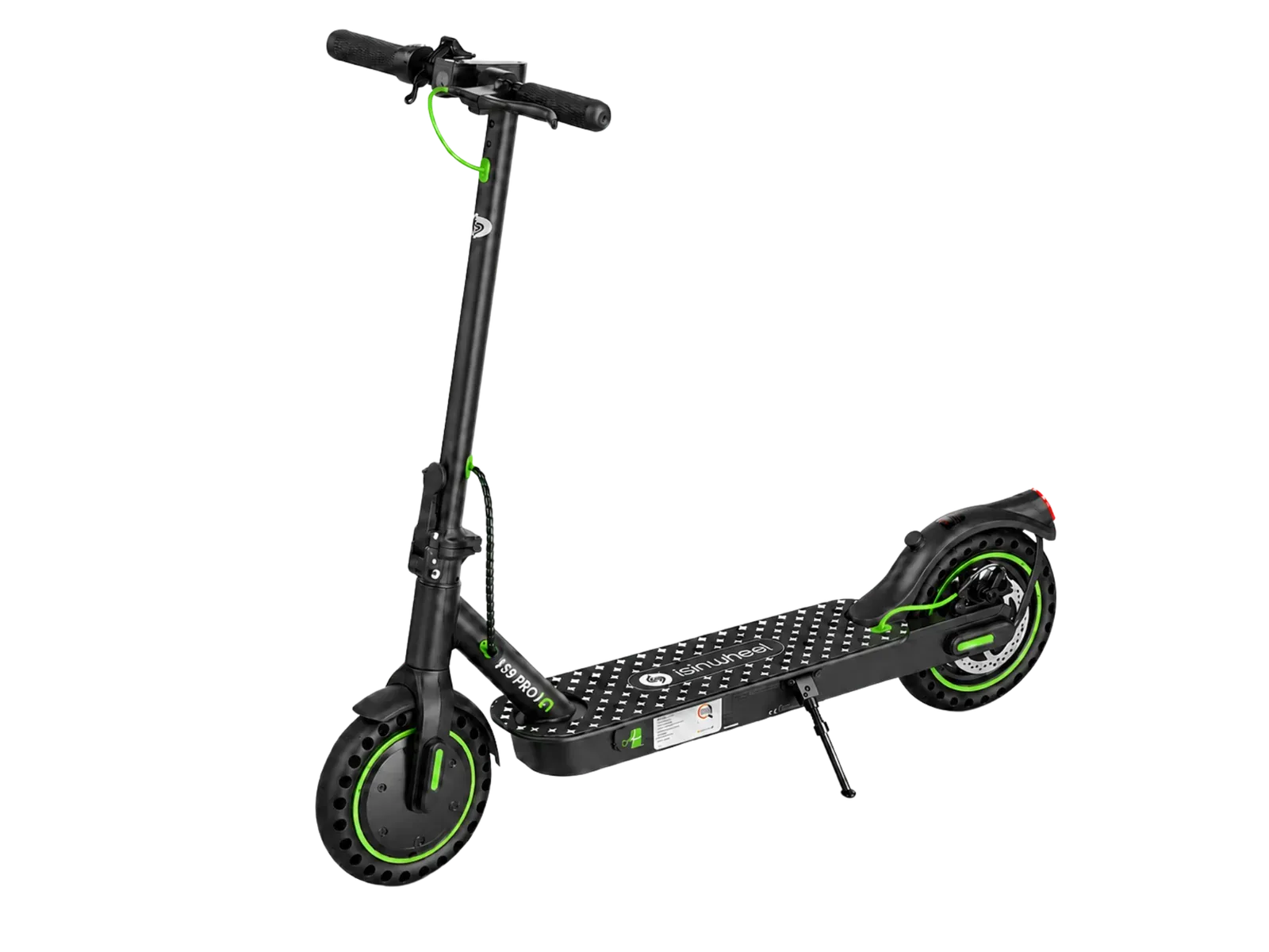 Trottinette électrique isinwheel S9Pro noire et verte, dépliée, vue de trois quarts