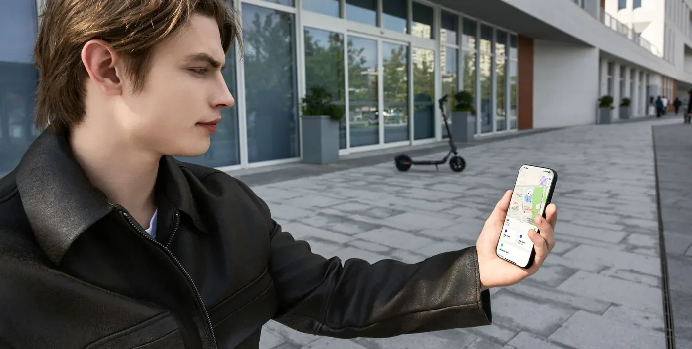 Un jeune homme localise sa Ninebot F2 Pro E II garée sur un parvis grâce à l'application Localiser de son iPhone