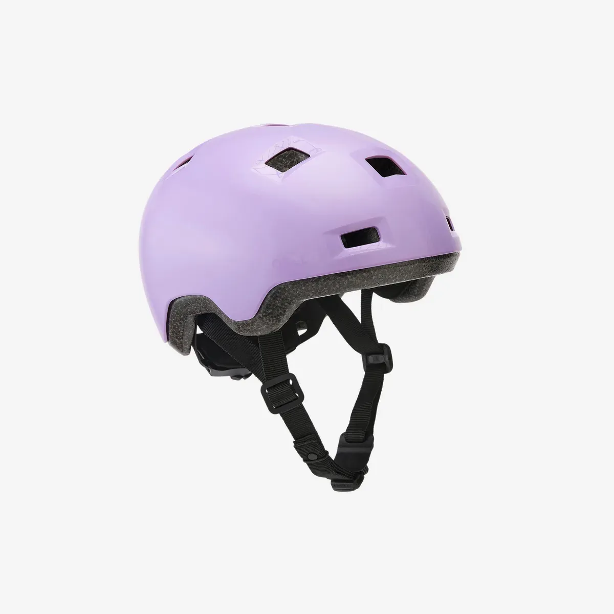 Casque bol enfant Oxelo B100 lila, vu de trois quarts, avec sa molette de réglage à l'arrière